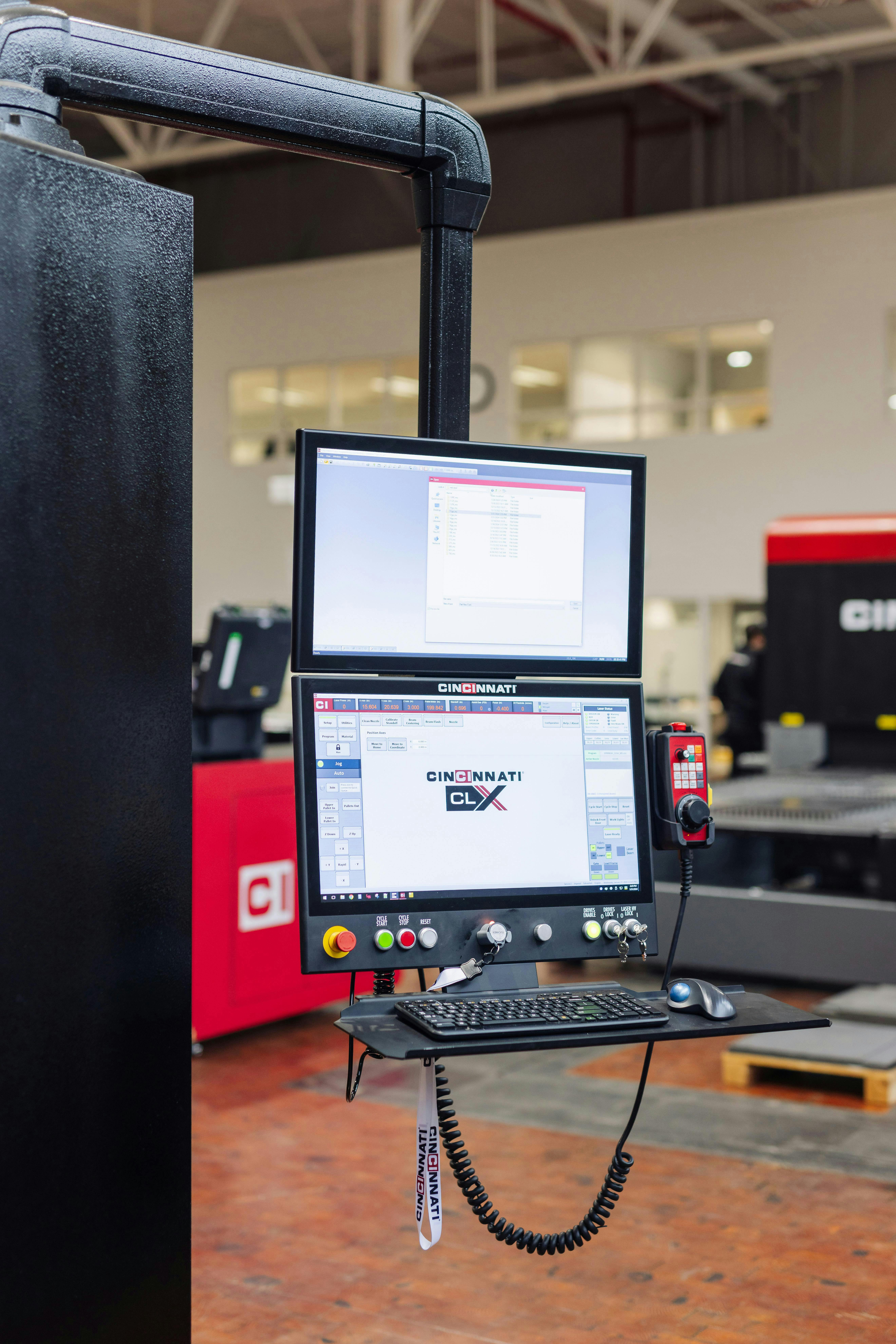 Figure 4: The human-machine interface (HMI) on the CLX is moving away from code-based control to on-screen graphics, also moving from a single, 20-inch monitor to two, 24-inch touchscreens. Figure 4: The human-machine interface (HMI) on the CLX is moving away from code-based control to on-screen graphics, also moving from a single, 20-inch monitor to two, 24-inch touchscreens.