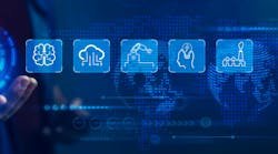 Panoramic banner of man holds a collection of icons representing robotic process automation and software management