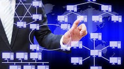 Businessman hand touching virtual panel of virtual panel of computer network topology