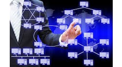 Businessman hand touching virtual panel of virtual panel of computer network topology