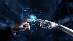Hands of robot and human connect artificial intelligence AI circuit board to virtual smart chatbot with a command for automation generate, learning technology artificial intelligence machine, AI.