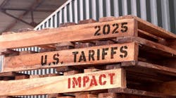 2025 U.S. Tariffs Impact, text written on piled-up pallets, supply chain management and trade concept