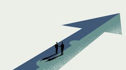 Business partnership, merger and acquisition concept, businessmen handshaking on assembled arrow jigsaw, vector illustration.