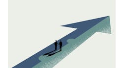 Business partnership, merger and acquisition concept, businessmen handshaking on assembled arrow jigsaw, vector illustration.