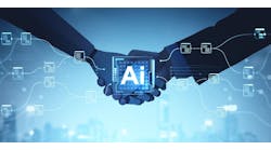 Man and robot handshake, double exposure digital glowing document management system hologram, artificial intelligence and documents.