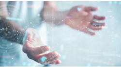 Businessman on blurred background using floating digital network connections with dots and lines 3D rendering