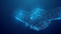 illustration of a business deal handshake and cooperation agreement. blue low poly style futuristic background.