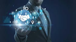 Business ecosystems, businessman hold handshake icon