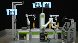 The automated order-fulfillment demonstration highlights collaborative robots (cobots) using sensors to scan QR codes for correct order picking, transferring and shelving of consumer items varying in sizes and shapes. The system is an example of cobots, autonomous mobile robots (AMRs) and vision sensors working together in a highly flexible autonomous solution that can be scaled up or down. The automated order-fulfillment demonstration highlights collaborative robots (cobots) using sensors to scan QR codes for correct order picking, transferring and shelving of consumer items varying in sizes and shapes. The system is an example of cobots, autonomous mobile robots (AMRs) and vision sensors working together in a highly flexible autonomous solution that can be scaled up or down.